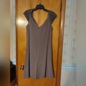 Signature Taupe Mini Dress with Lace Shoulders